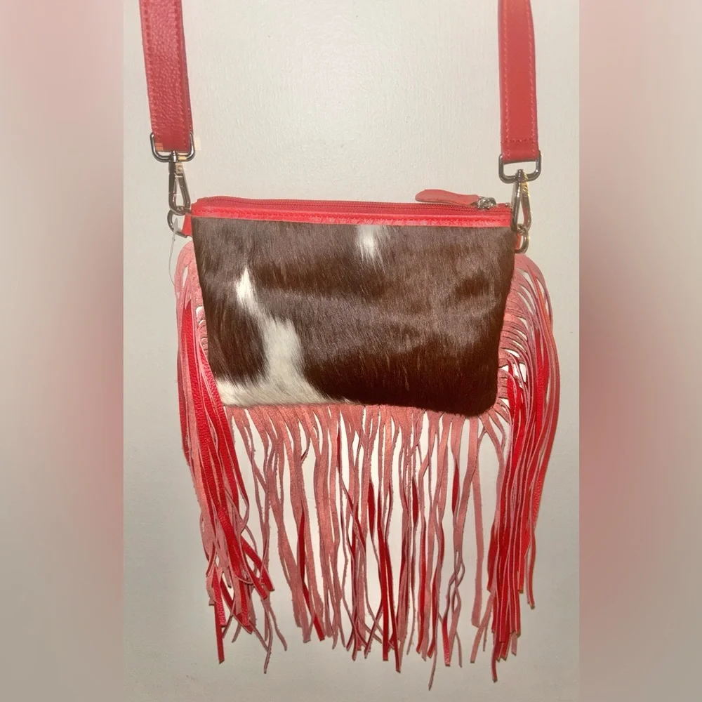 New Genuine Leather Cowhide Tooled Cross Body Fringe Purse Red Brown Western